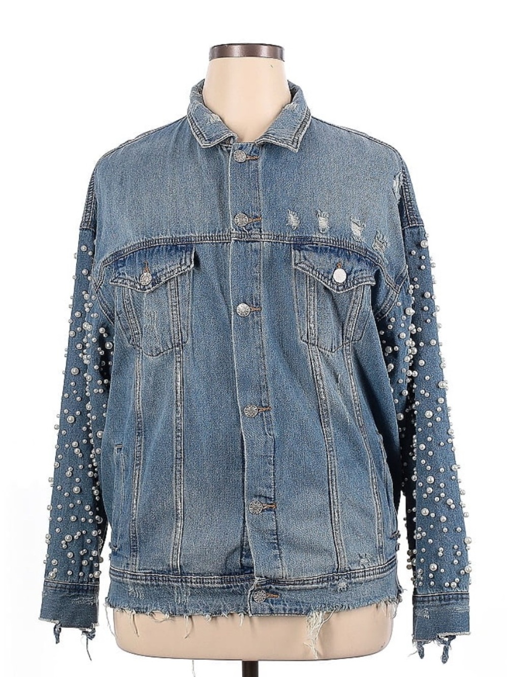 Pearl-Embellished Blue Denim Jacket - Women